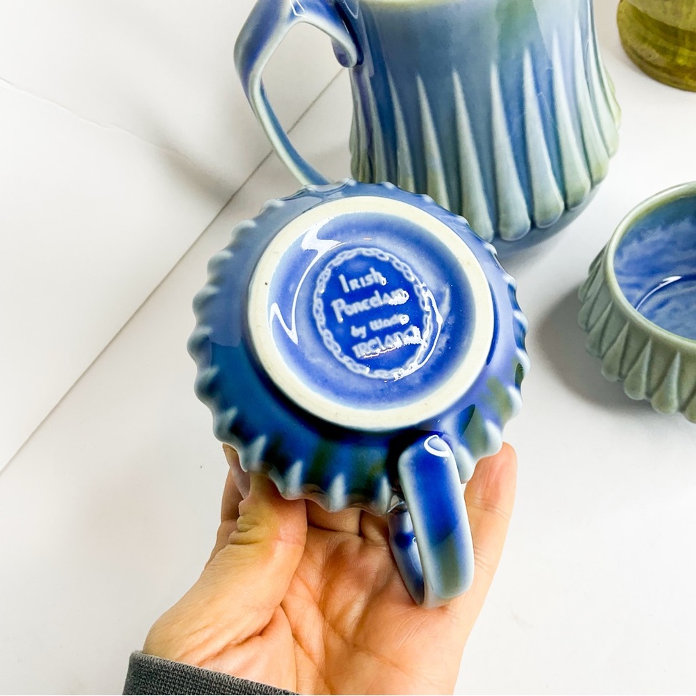 VINTAGE Irish Ceramic Pottery Tea Set – Blue & Green Glaze with Creamer & Sugar - Picture 5 of 7